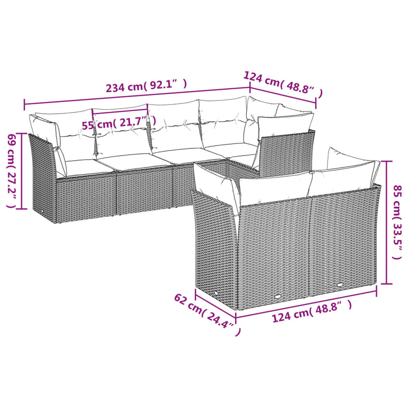 7-tlg. Garten-Sofagarnitur mit Kissen Hellgrau Poly Rattan