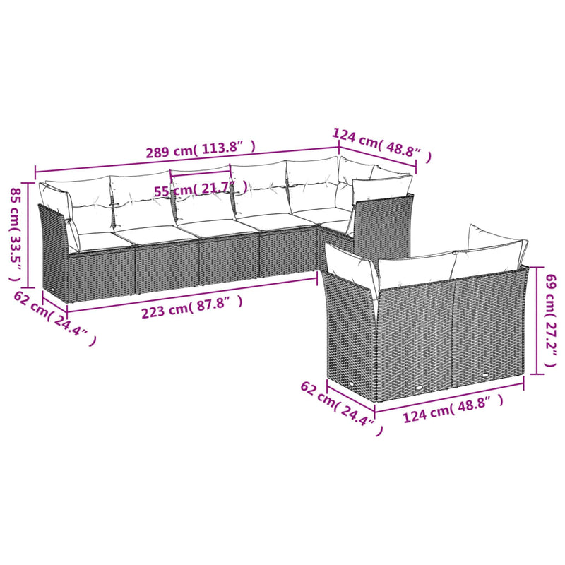 8-tlg. Garten-Sofagarnitur mit Kissen Grau Poly Rattan