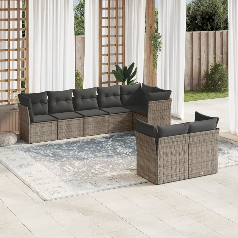 8-tlg. Garten-Sofagarnitur mit Kissen Grau Poly Rattan