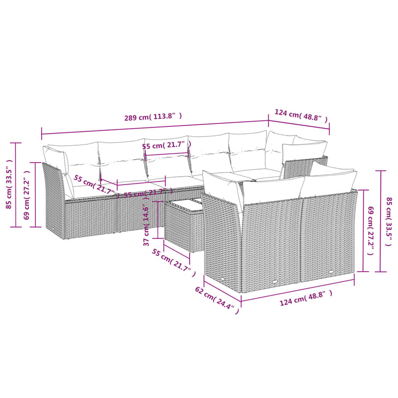 9-tlg. Garten-Sofagarnitur mit Kissen Grau Poly Rattan