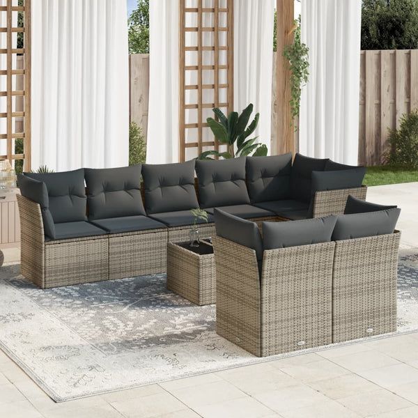 9-tlg. Garten-Sofagarnitur mit Kissen Grau Poly Rattan