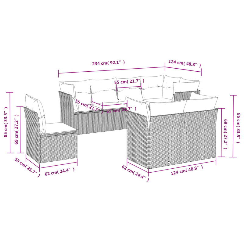 8-tlg. Garten-Sofagarnitur mit Kissen Grau Poly Rattan