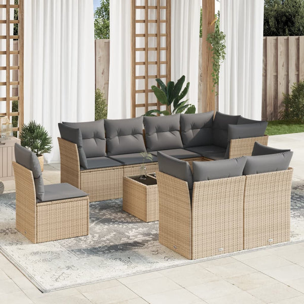 9-tlg. Garten-Sofagarnitur mit Kissen Beige Poly Rattan