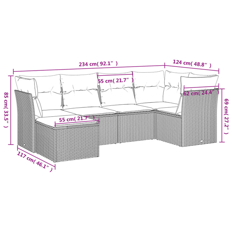 6-tlg. Garten-Sofagarnitur mit Kissen Grau Poly Rattan