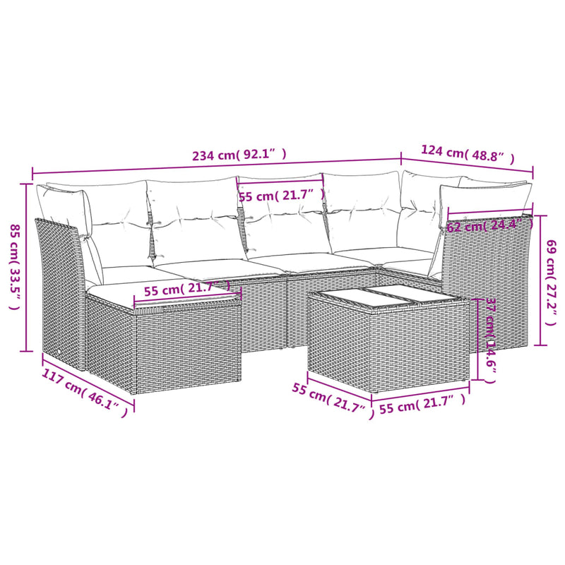 7-tlg. Garten-Sofagarnitur mit Kissen Schwarz Poly Rattan