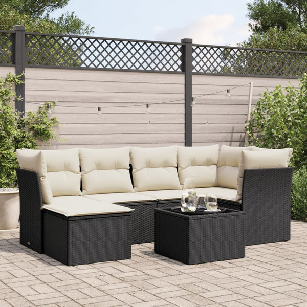 7-tlg. Garten-Sofagarnitur mit Kissen Schwarz Poly Rattan