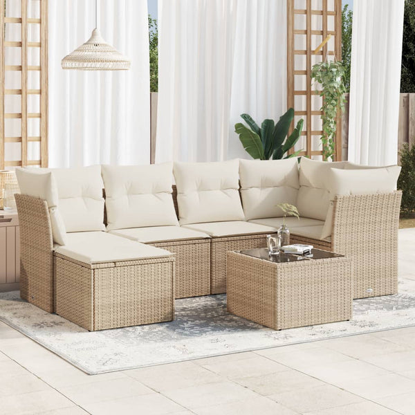 7-tlg. Garten-Sofagarnitur mit Kissen Beige Poly Rattan