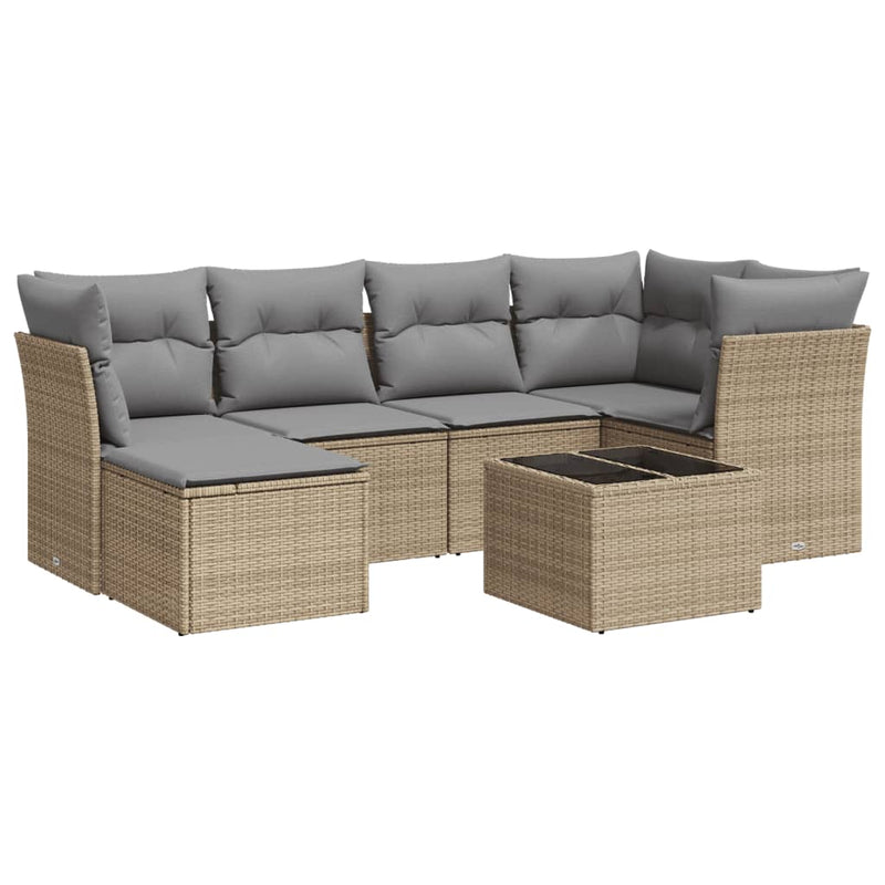 7-tlg. Garten-Sofagarnitur mit Kissen Beige Poly Rattan