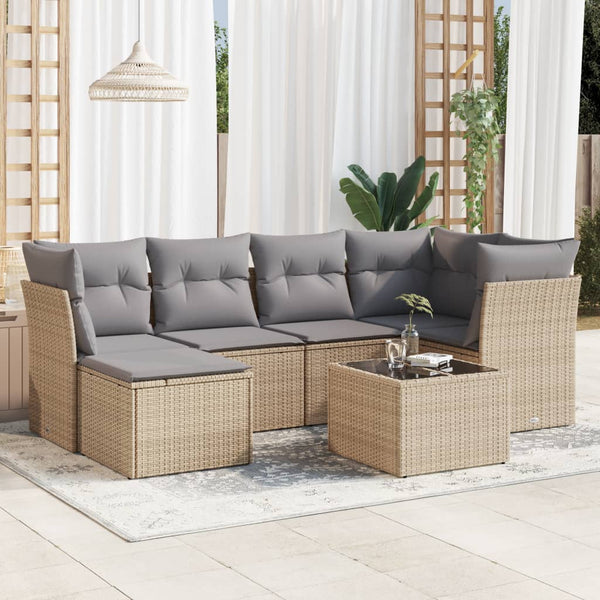 7-tlg. Garten-Sofagarnitur mit Kissen Beige Poly Rattan