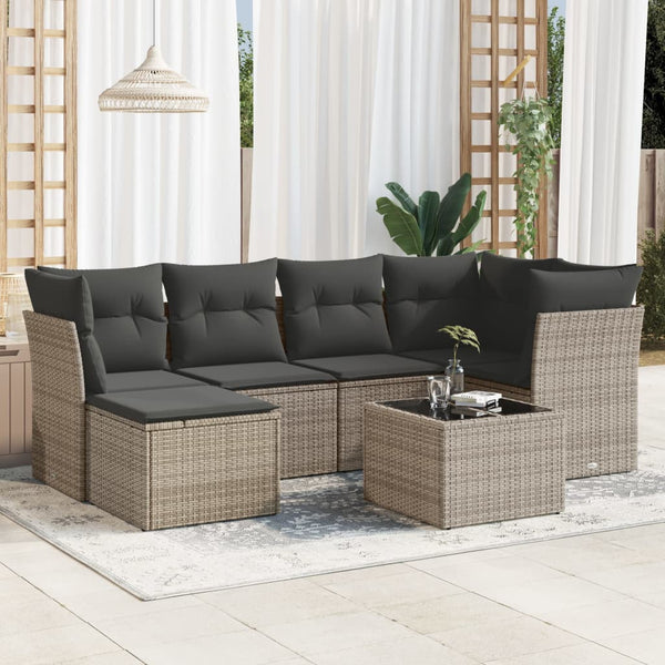 7-tlg. Garten-Sofagarnitur mit Kissen Grau Poly Rattan