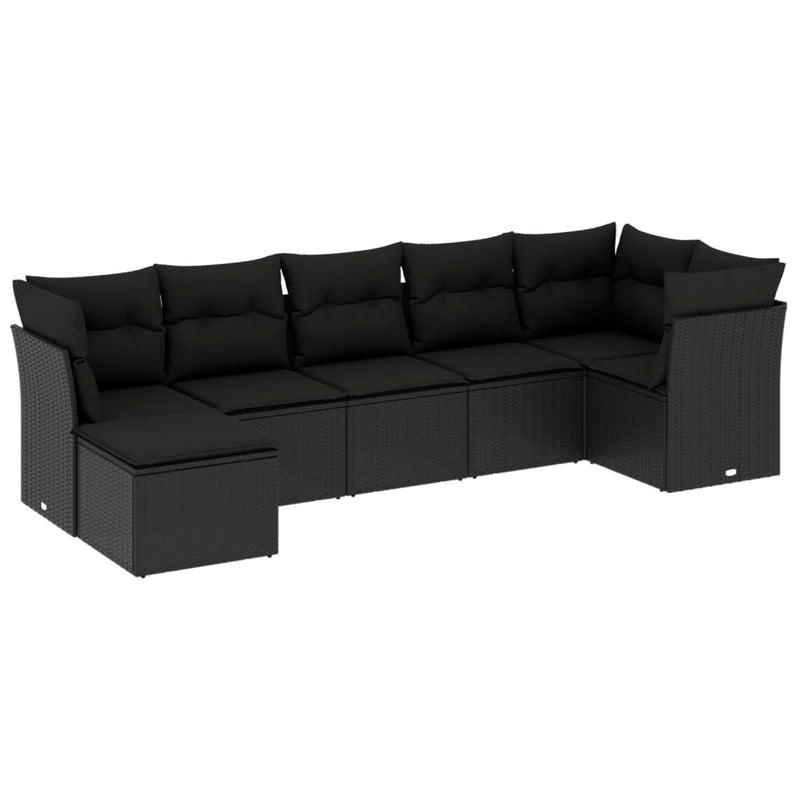 7-tlg. Garten-Sofagarnitur mit Kissen Schwarz Poly Rattan