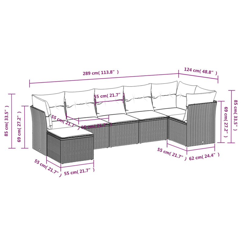 7-tlg. Garten-Sofagarnitur mit Kissen Grau Poly Rattan