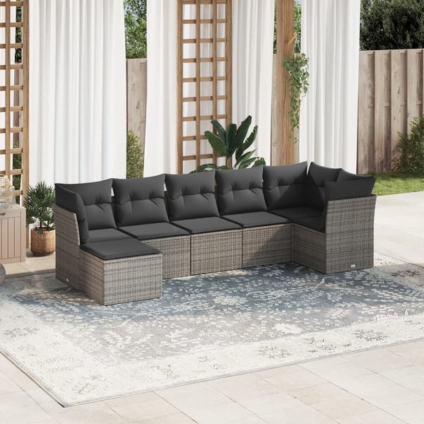 7-tlg. Garten-Sofagarnitur mit Kissen Grau Poly Rattan