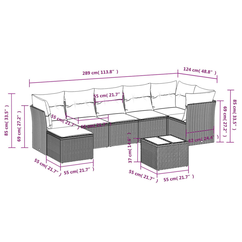 8-tlg. Garten-Sofagarnitur mit Kissen Schwarz Poly Rattan