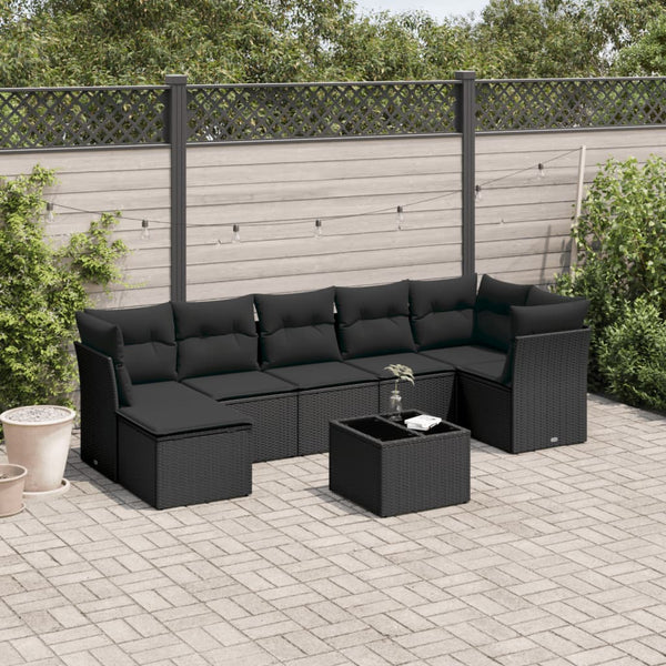 8-tlg. Garten-Sofagarnitur mit Kissen Schwarz Poly Rattan