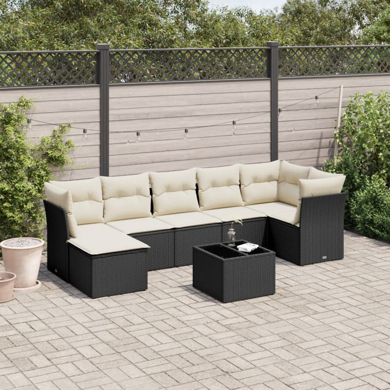 8-tlg. Garten-Sofagarnitur mit Kissen Schwarz Poly Rattan