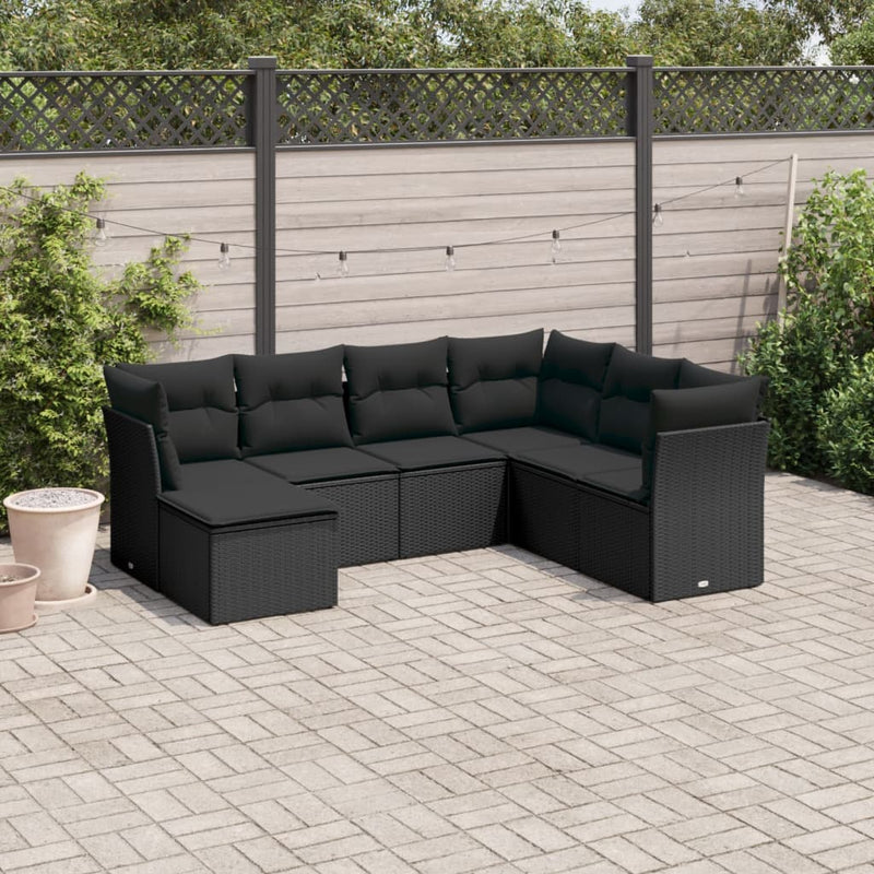 7-tlg. Garten-Sofagarnitur mit Kissen Schwarz Poly Rattan