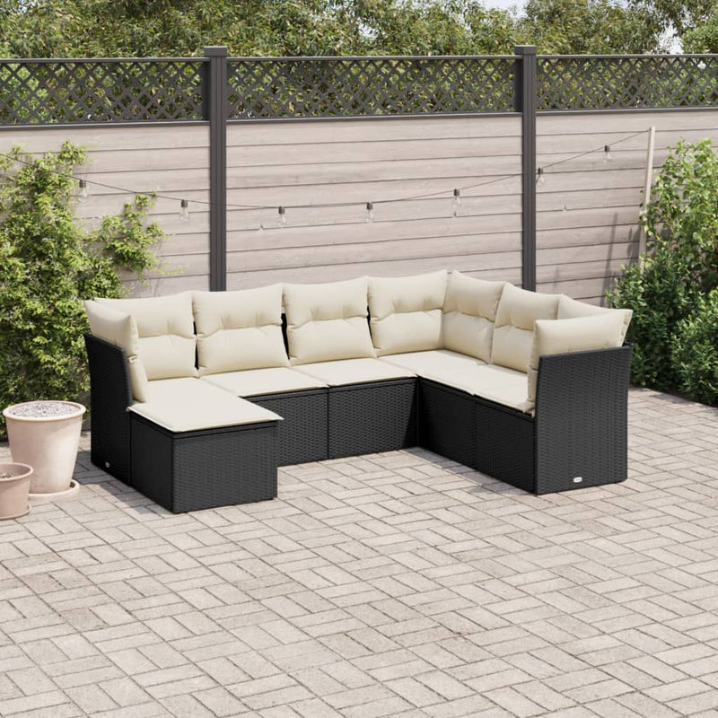 7-tlg. Garten-Sofagarnitur mit Kissen Schwarz Poly Rattan