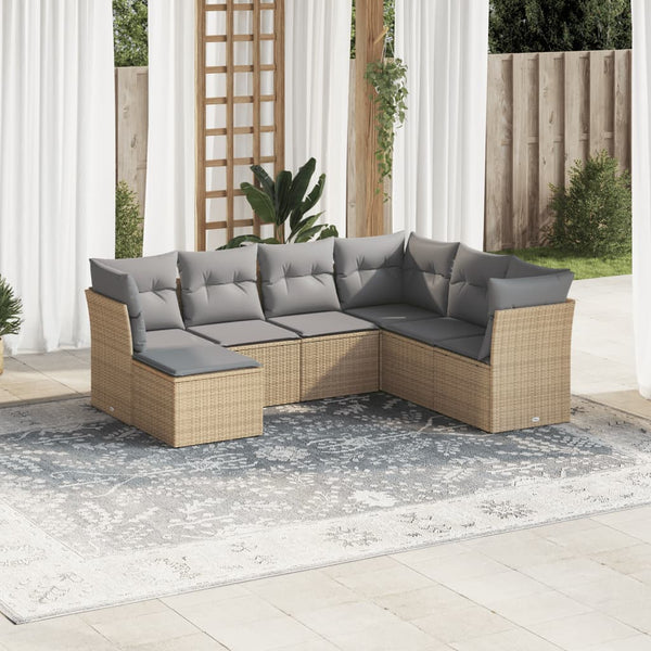 7-tlg. Garten-Sofagarnitur mit Kissen Beige Poly Rattan