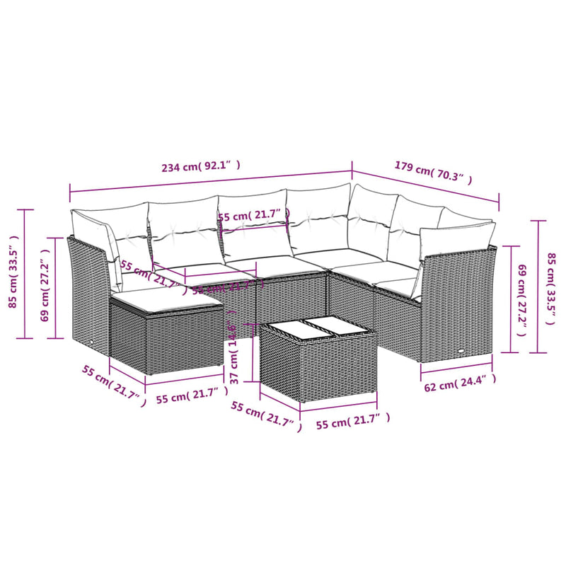 8-tlg. Garten-Sofagarnitur mit Kissen Schwarz Poly Rattan