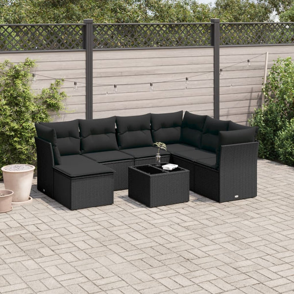 8-tlg. Garten-Sofagarnitur mit Kissen Schwarz Poly Rattan