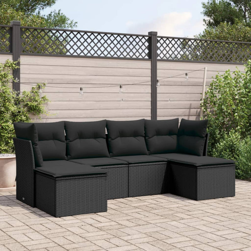 6-tlg. Garten-Sofagarnitur mit Kissen Schwarz Poly Rattan