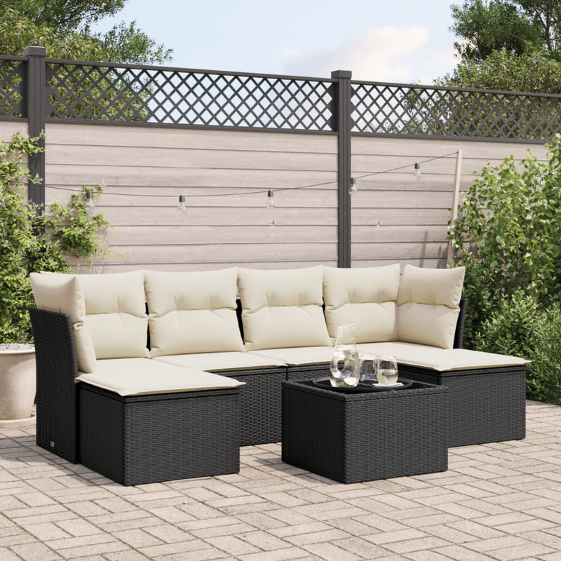 7-tlg. Garten-Sofagarnitur mit Kissen Schwarz Poly Rattan