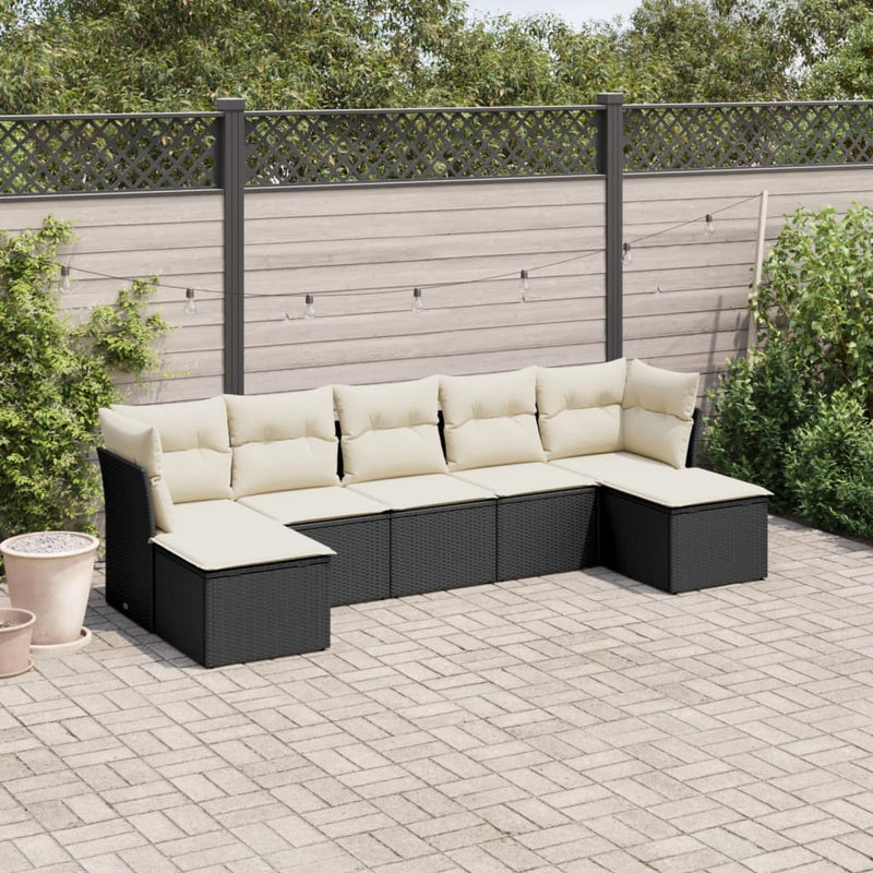 7-tlg. Garten-Sofagarnitur mit Kissen Schwarz Poly Rattan