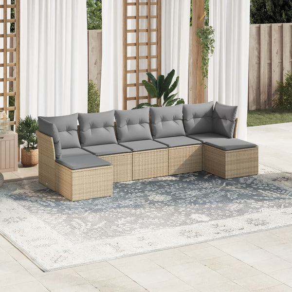 7-tlg. Garten-Sofagarnitur mit Kissen Beige Poly Rattan