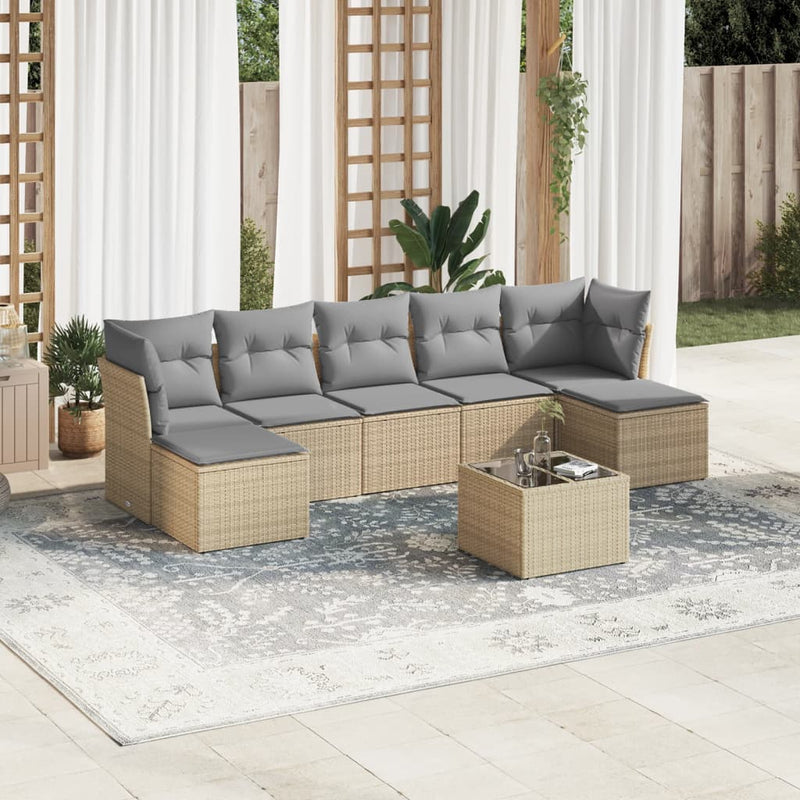 8-tlg. Garten-Sofagarnitur mit Kissen Beige Poly Rattan