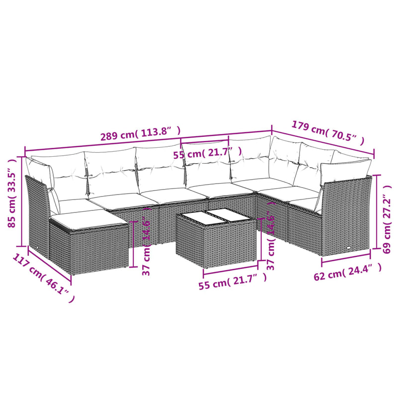 9-tlg. Garten-Sofagarnitur mit Kissen Grau Poly Rattan