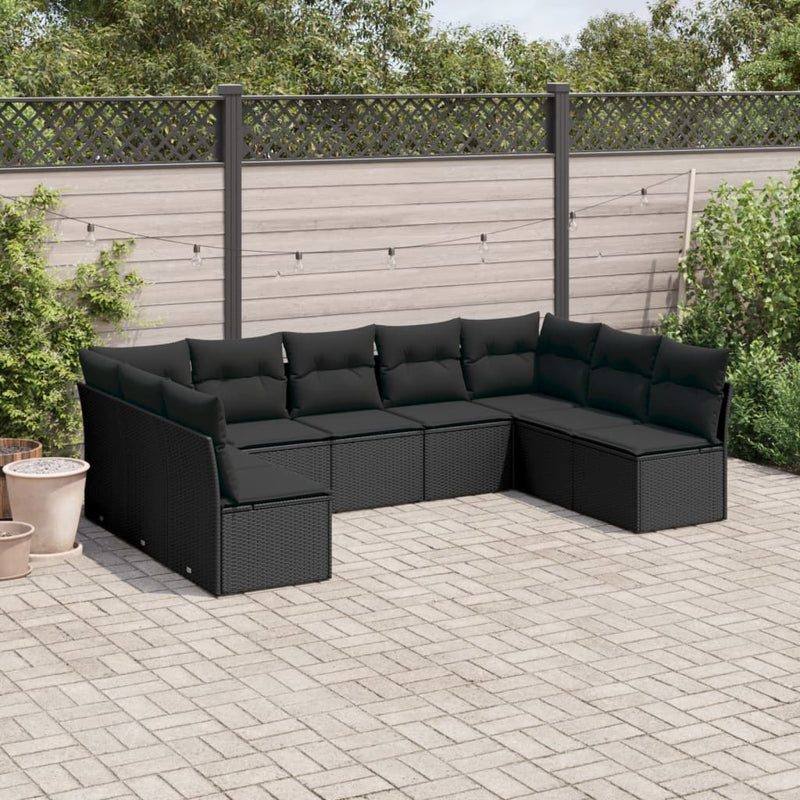 9-tlg. Garten-Sofagarnitur mit Kissen Schwarz Poly Rattan