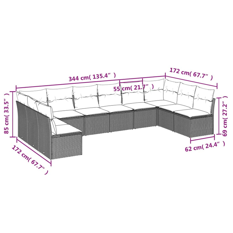 10-tlg. Garten-Sofagarnitur mit Kissen Schwarz Poly Rattan