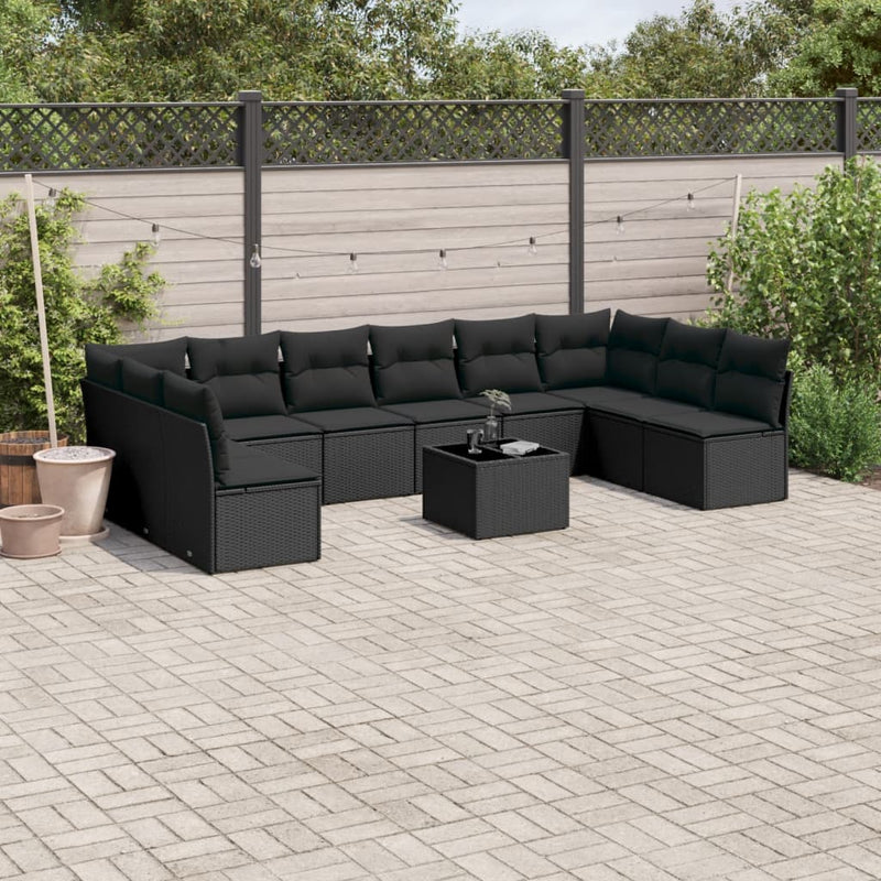 11-tlg. Garten-Sofagarnitur mit Kissen Schwarz Poly Rattan