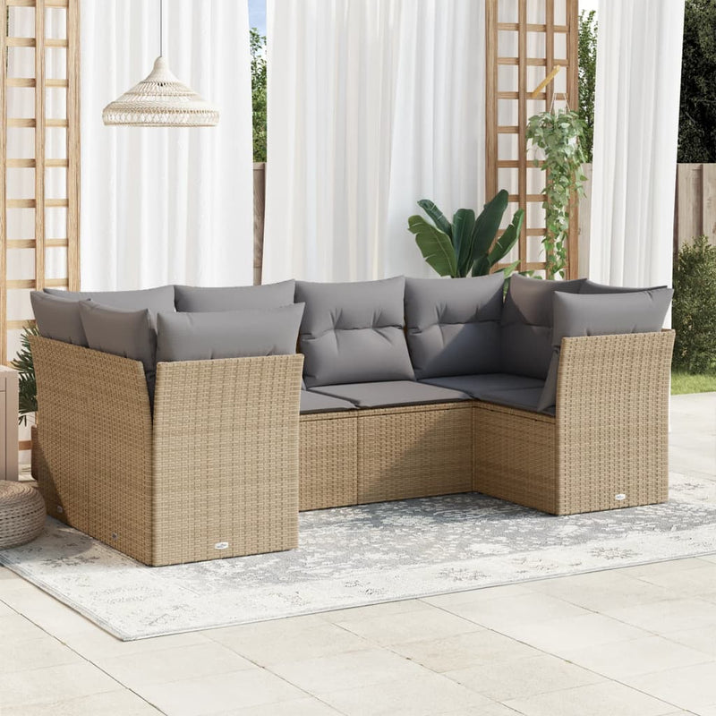 6-tlg. Garten-Sofagarnitur mit Kissen Beige Poly Rattan