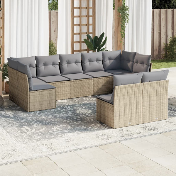 9-tlg. Garten-Sofagarnitur mit Kissen Beige Poly Rattan