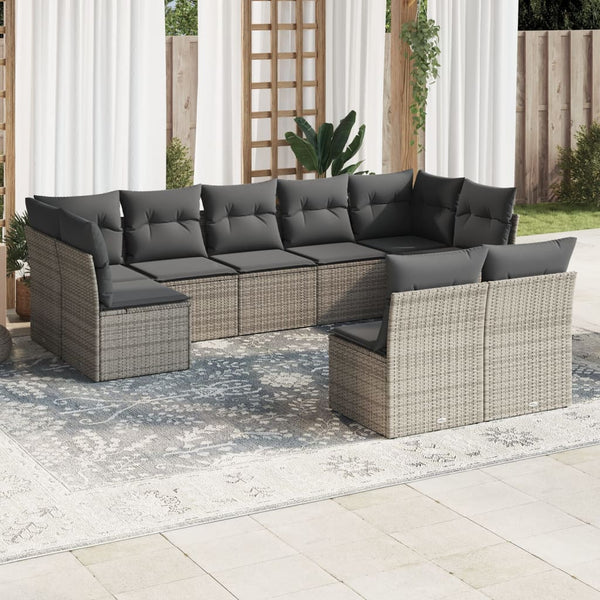 9-tlg. Garten-Sofagarnitur mit Kissen Grau Poly Rattan