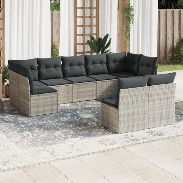 9-tlg. Garten-Sofagarnitur mit Kissen Hellgrau Poly Rattan