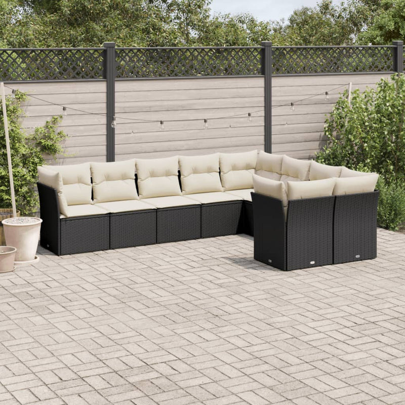 9-tlg. Garten-Sofagarnitur mit Kissen Schwarz Poly Rattan