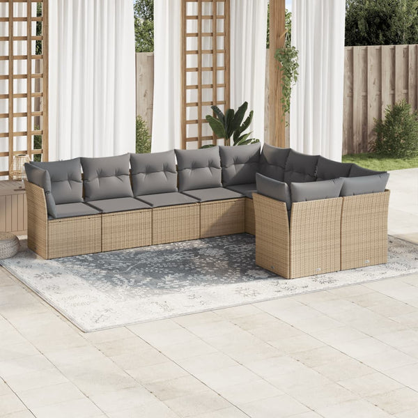 9-tlg. Garten-Sofagarnitur mit Kissen Beige Poly Rattan