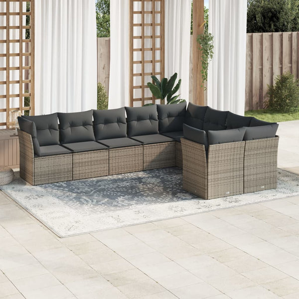 9-tlg. Garten-Sofagarnitur mit Kissen Grau Poly Rattan