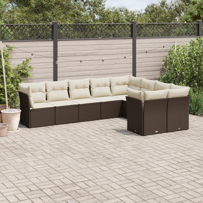 9-tlg. Garten-Sofagarnitur mit Kissen Braun Poly Rattan