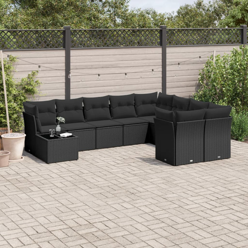 10-tlg. Garten-Sofagarnitur mit Kissen Schwarz Poly Rattan