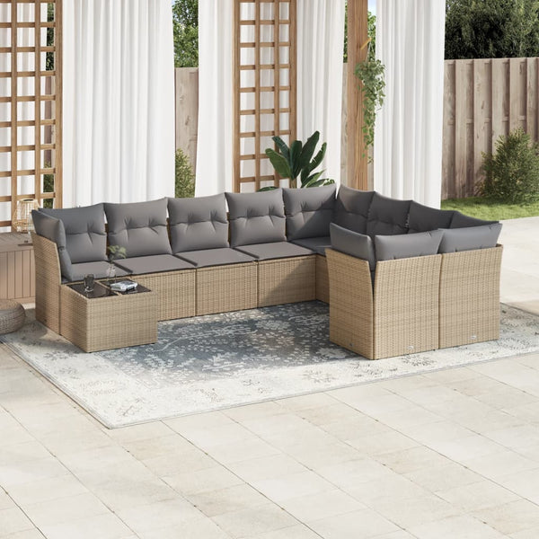 10-tlg. Garten-Sofagarnitur mit Kissen Beige Poly Rattan