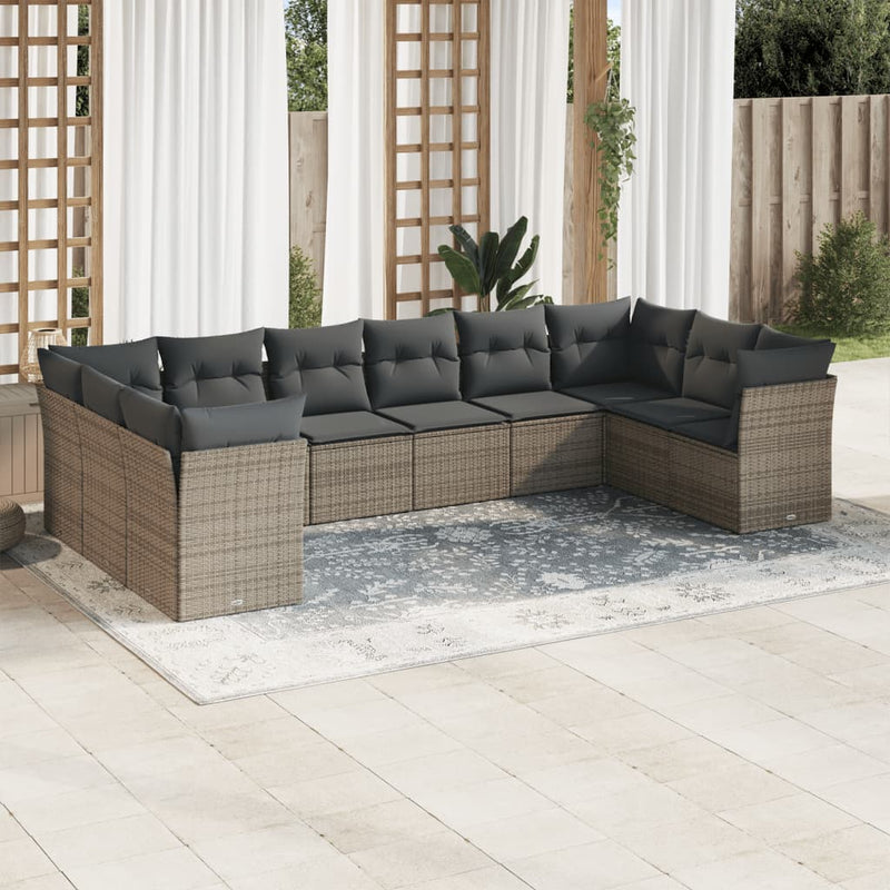 10-tlg. Garten-Sofagarnitur mit Kissen Grau Poly Rattan