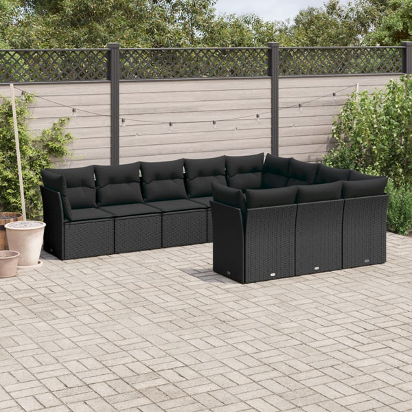 10-tlg. Garten-Sofagarnitur mit Kissen Schwarz Poly Rattan