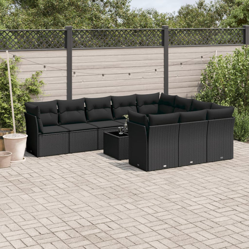 11-tlg. Garten-Sofagarnitur mit Kissen Schwarz Poly Rattan