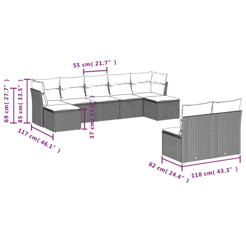 9-tlg. Garten-Sofagarnitur mit Kissen Schwarz Poly Rattan