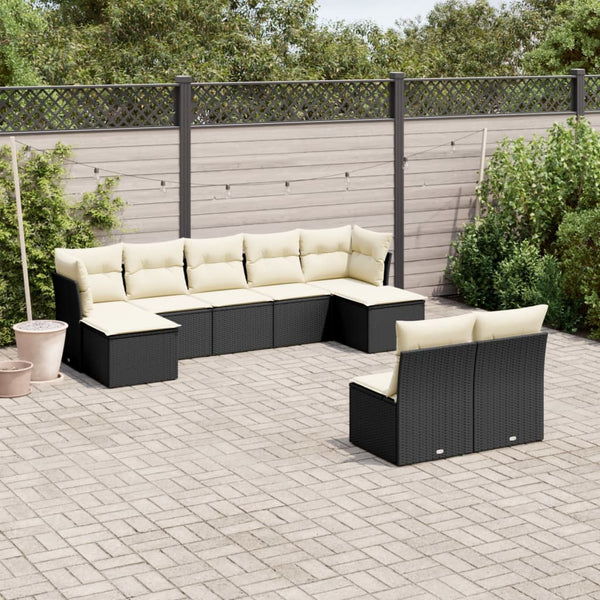 9-tlg. Garten-Sofagarnitur mit Kissen Schwarz Poly Rattan