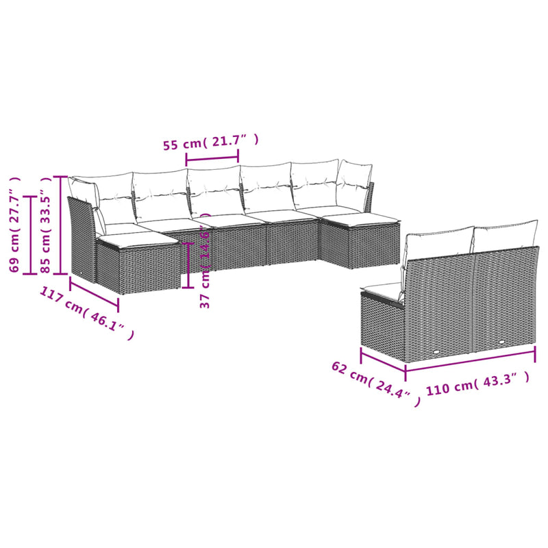 9-tlg. Garten-Sofagarnitur mit Kissen Beige Poly Rattan